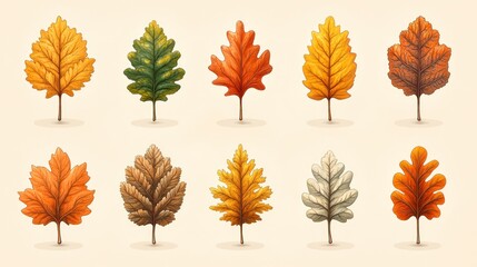 Obraz premium Autumnal Spectrum: A Diverse Collection of Watercolor Leaf Illustrations on Beige