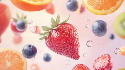 Vibrant assortment of floating fruits including strawberries, blueberries, and citrus slices with droplets - Powered by Adobe