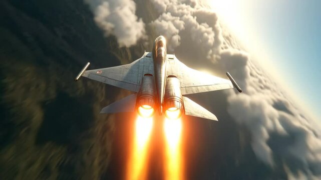 A tracking shot of a Jet Fighter travelling at high speed in the air