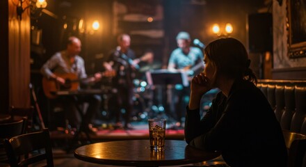 Woman in pub, live music