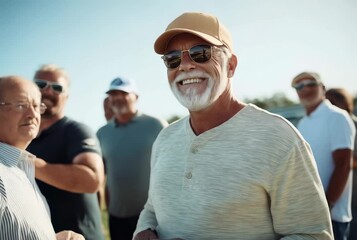 Smiling elderly man enjoys sunny day with friends at outdoor gathering in a park