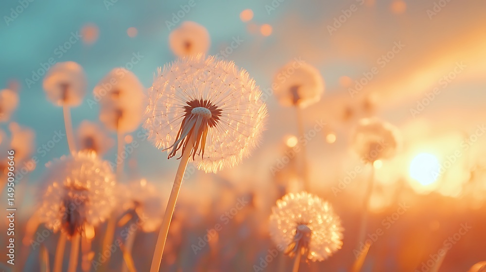 Poster abstract image of dandelion seeds floating in a colorful, ethereal background