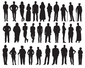 silhouette of diverse people standing. Multiethnic crowd. Young men, women, adult, grandparents, grandmother and grandfather, business people. 