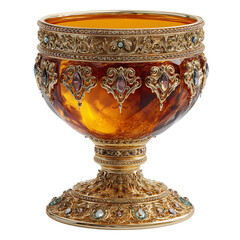 Highly detailed,  elaborate amber goblet with a gold filigree base and intricate jewel accents.  It is a beautiful, ornate piece of handcrafted glass.