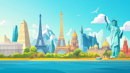 Obraz premium Modern flat design banner for a travel website, focused on tour organization and destination planning with vector visuals