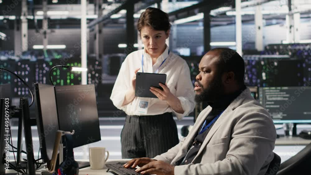 Poster server room manager supervise technician examining deep learning algorithms. data center team leader