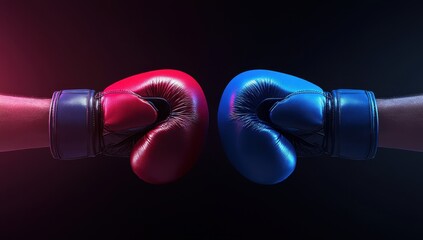 Two boxing gloves, red and blue, facing each other against a dark background, lit by vibrant neon lights