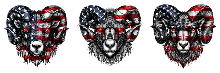 Artistic Representation of Ram Heads with American flag pattern in tattoo-style vector art isolated on transparent PNG background perfect for college team logo strength symbolism 