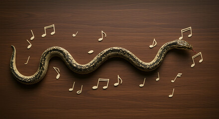 Obraz premium Snake on Wooden Surface Surrounded by Musical Notes and Symbols