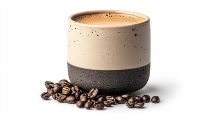 Light beige and dark brown ceramic mug with coffee beans