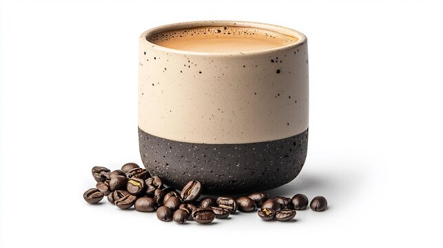 Light beige and dark brown ceramic mug with coffee beans