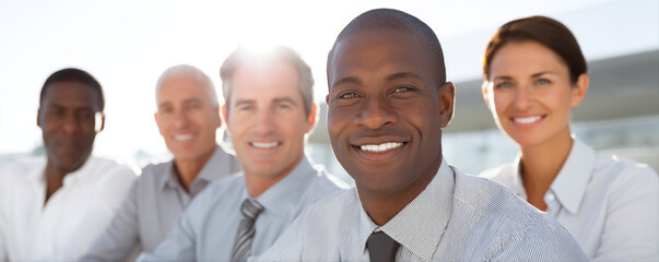 Diverse group of colleagues smiling happily together in bright office setting showing teamwork and positive energy
