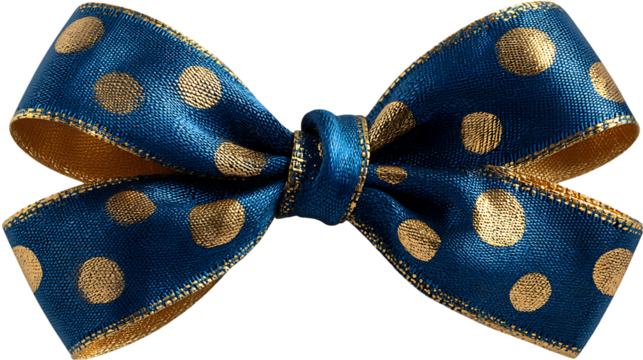 Detailed shot of a navy blue ribbon bow with gold polka dots, ideal for gift wrapping or festive decor.