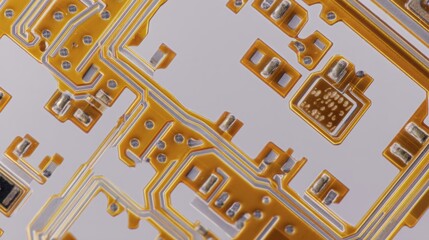An extreme macro shot of a flexible circuit board, amber-colored polyimide material, silver conductive traces, tiny mounted chips, seen from a straight-on angle, smooth lab background in soft gray.