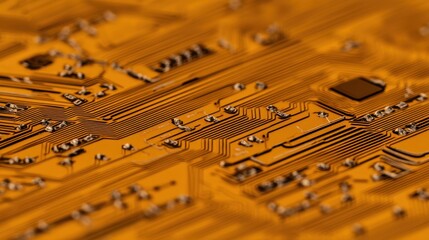 An extreme macro shot of a flexible circuit board, amber-colored polyimide material, silver conductive traces, tiny mounted chips, seen from a straight-on angle, smooth lab background in soft gray.