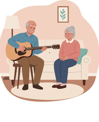 Fototapeta premium Elderly couple enjoying music with guitar in cozy living room interior vector illustration 