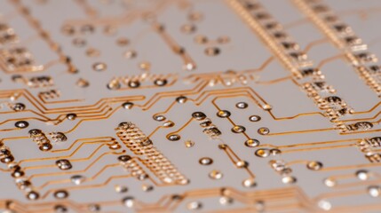 An extreme macro shot of a flexible circuit board, amber-colored polyimide material, silver conductive traces, tiny mounted chips, seen from a straight-on angle, smooth lab background in soft gray.