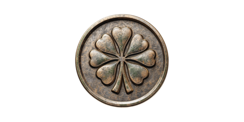 Antique Bronze Four-Leaf Clover Emblem. Symbol Of Luck And Prosperity Isolated On Transparent Background
