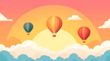 Sunset scene with colorful hot air balloons in the sky, ideal for billboard or banner use in travel agency advertising