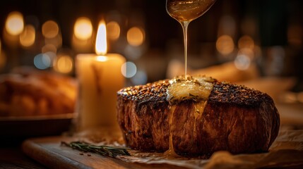 Fototapeta premium National Wagyu Day. Wagyu beef tallow candle melting onto freshly baked sourdough bread, intimate table setting in upscale restaurant