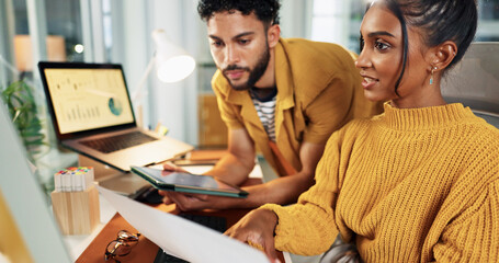 Creative, charts and business people in office, computer and teamwork for sales. Employees, market analysis and social media analytics with cooperation, pc or research for client subscription or talk