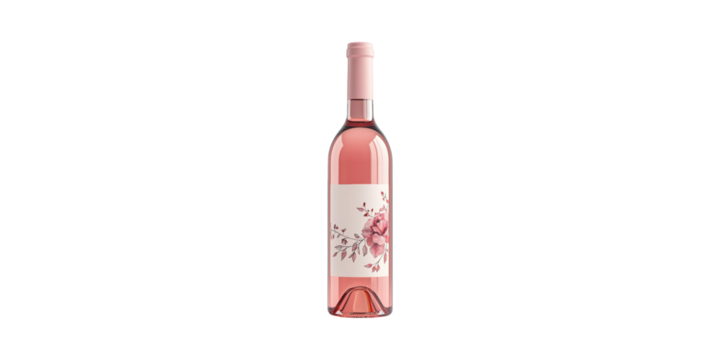Elegant Rose Wine Bottle With Floral Label Design. Aesthetic Beverage Packaging Isolated On Transparent Background