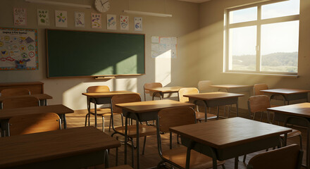 Bright and Inviting Classroom with Natural Light and Empty Desks