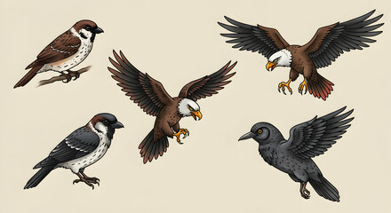 Obraz premium Detailed Illustrations of Various Birds in Flight and Perched Positions