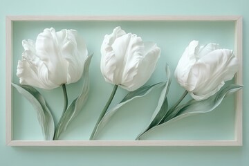 Three delicate white tulips in a framed composition.