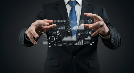 Businessman Presenting Digital Data and Financial Graphs in Space