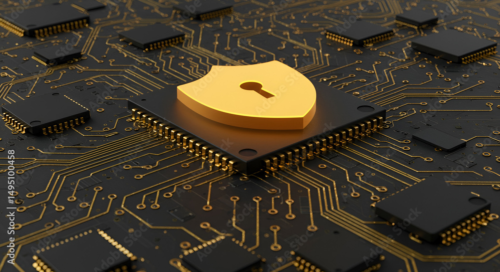 Poster a 3d render of a gold shield with a keyhole graphic on a complex circuit board. suitable for adverti