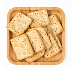 Fototapeta premium Gluten-free crackers on wooden tray isolated on white background with full depth of field for snack or healthy eating concept