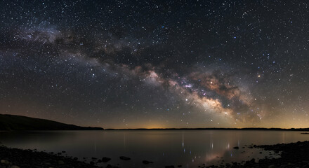 Breathtaking Night Sky Over Calm Lake with Starry Galaxy View