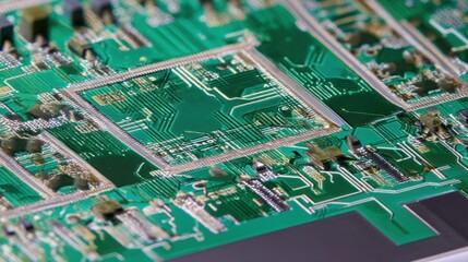 An extremely detailed close-up of an automotive ECU PCB, rugged green finish, conformal coating reflections minimized, surrounded by metallic casing edges, lab white background.