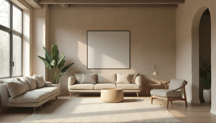 Fototapeta premium A serene space featuring rattan sofa, soft natural light, framed art pieces, and minimalistic decor in neutral tones.