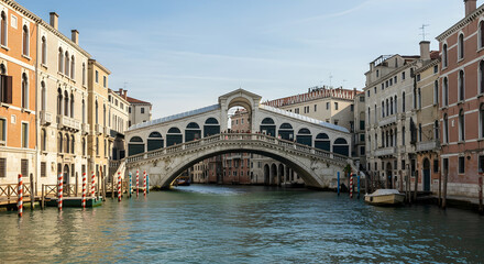 Scenic view of the famous Rialto Bridge over the Grand Canal in Venice