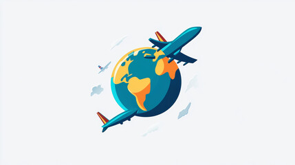 Naklejka premium Vector-style logo featuring an airplane flying around a globe, symbolizing international travel and tour services