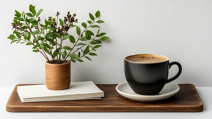 Simple coffee and plant arrangement on wooden tray