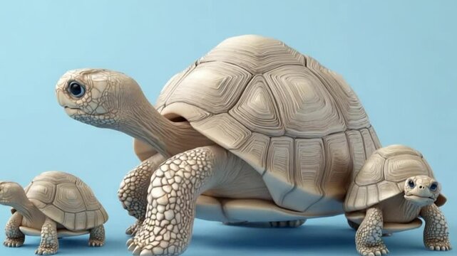 Three tortoises of varying sizes against a light blue background, showcasing their textured shells and features