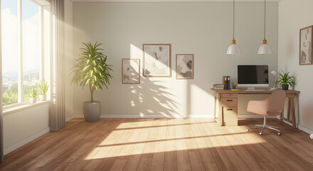 Bright and Airy Home Office with Natural Light and Greenery