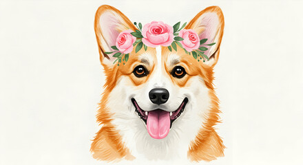 Happy Corgi Portrait with Floral Crown and Cheerful Expression