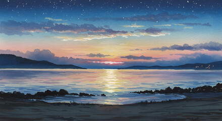 Fototapeta premium Serene Sunset Over Calm Waters with Distant Hills and Gentle Waves