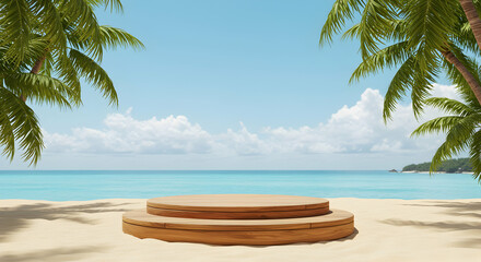 Wooden Platform on Beach Surrounded by Palm Trees and Ocean Views