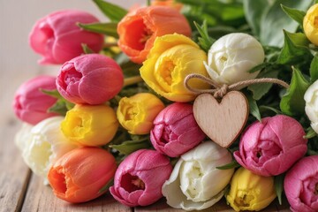 bouquet of tulips and a wooden heart on a table