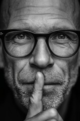 Portr&auml;t eines Mannes der mit Finger auf den Lippen zum Schweigen mahnt