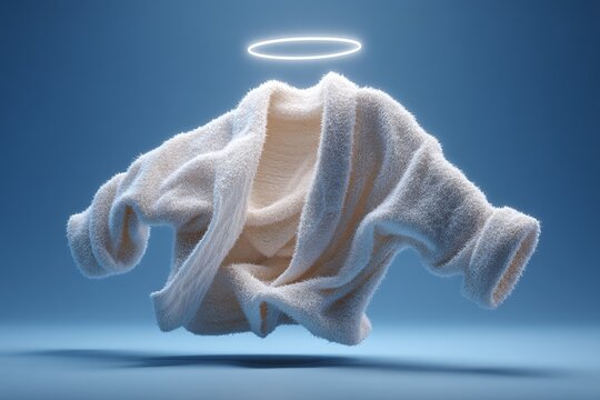 Flauschiger Bademantel schwebt mit leuchtendem Heiligenschein im Licht