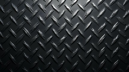 Textured black metal surface with diamond plate pattern, showcasing rugged and industrial feel. This background is perfect for various design applications such as engineering visuals, automotive ads