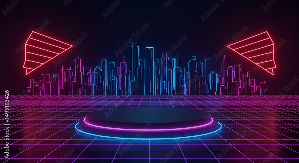 Poster neon city skyline with glowing platform for product presentation. empty stage for digital display wi