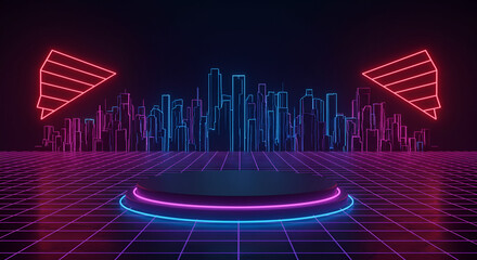 Neon city skyline with glowing platform for product presentation. Empty stage for digital display with futuristic graphic elements.
