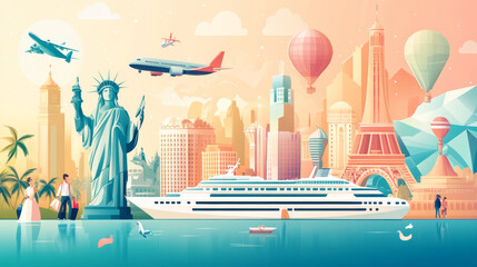 A conceptual illustration set of travel agency roles, showcasing services like organizing cruises, selling tours, and booking transport for global vacations